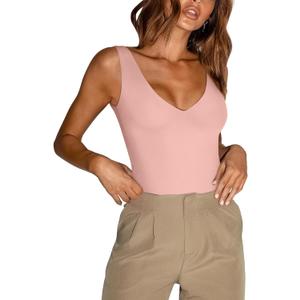 REORIA Butsmooth Womens Trendy Sexy Plunge Deep V Neck Sleeveless V Backless Going Out Tank Bodysuits Tops (Small, Pink)