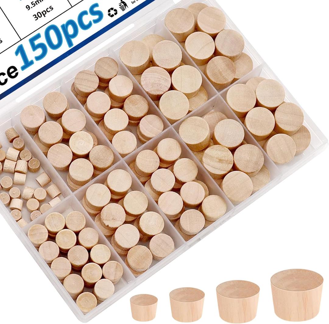 smseace 150Pcs 4-Sizes Wood Plugs 3/16" 5/16"3/8"1/2" Wooden Hole Plugs for Holes in Furniture/Table and Chair Legs/Cabinet Reserved Holes/Outdoor Equipment Wood Plugs Assortment Kit