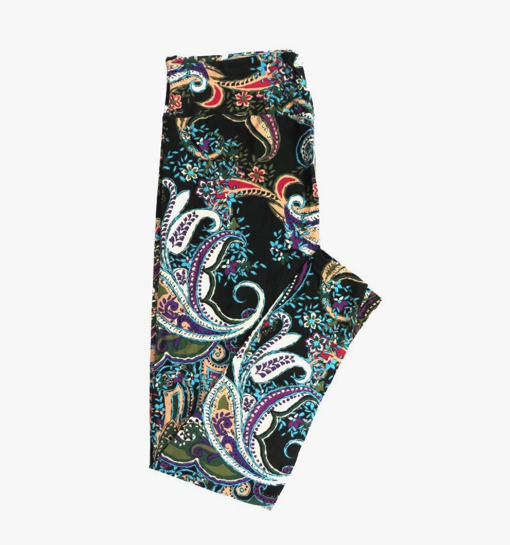 Lularoe Tall Curvy (TC fits Sizes 12-18) Paisley Painted Floral Black White Pink Lavender Buttery Soft Adult Leggings, Pack Of 4