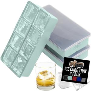 GORILLA GRIP Slow Melting Large Silicone Ice Cube Tray for Freezer, 2 Pack, Easy to Push 8 Giant Square Cubes, Use for Cocktails, Iced Coffee, Water Bottle, Frozen Puree, Kitchen Bar Essentials, Mint