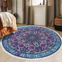 Boho Rug 4Ft Round Bedroom Carpet Circle Nonslip Farmhouse Area Rug Mandala Floor Mat for Living Room Locker Room Tassel Throw Rugs Yoga Carpets Washable Doormat, Purple