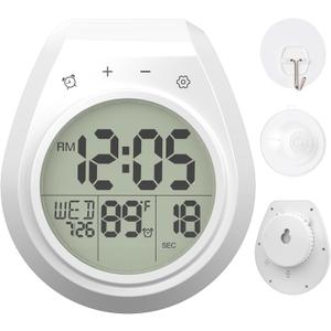 Shower Clock with Timer Waterproof, Digital Bathroom Clock with Countdown, Temperature, Date, Week, Second, Suction Cup, Wall Hanging, for Mirror, Pool, Bath, Kitchen, Battery Operated, White