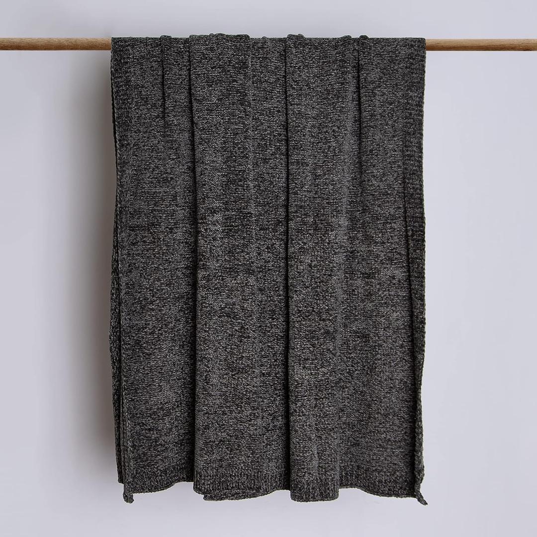 BEST HOME FASHION Super Soft Luxe Sheen Chenille Throw Blanket, Warm and Cozy Knitted Decorative Blanket for Sofa, Couch and Bed All Seasons 60 x 80 Inches- Grey