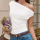 Cicy Bell Womens Summer Off One Shoulder Tank Tops Asymmetrical Ruched Tops | Going Out, Sleeveless Shirts, Cowl Neck, Slim Fit, Trendy, Elegant, Chic, Unique, Club (White, M)