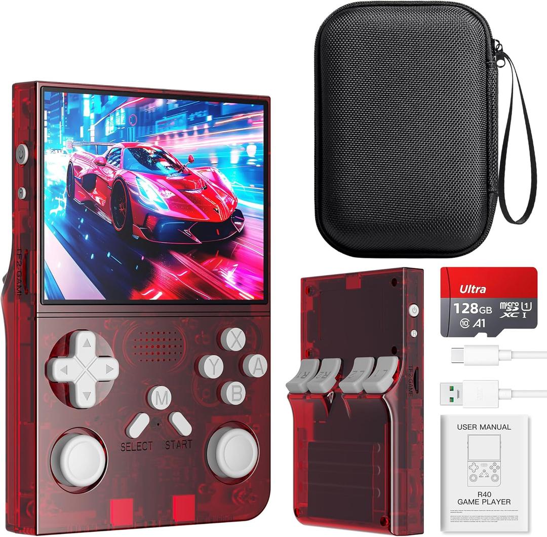 R40 Retro Handheld Game Console with Storage Case - Open Source System,3.5" IPS Screen, 18,000+ Classic Games, 128G TF Card, 3000mAh Battery, Portable Gaming Player for Travel, Red