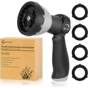 AUTOMAN Garden Hose Nozzle - 10 Adjustable Spray Patterns, Thumb Flow Control Hose Sprayer, Water Hose Spray Nozzle for Plants Watering, Car Washing, Window Cleaning, Pets Bathing, Outdoor Fun, Black