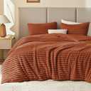 EXQ Home Fluffy Comforter Set King Size - Super Soft Faux Fur Stripe Jacquard Comforter 1 Pieces,Terracotta Fleece Bedding Set,Winter Warm Bed Set,1 Comforter with 2 Pillowcase