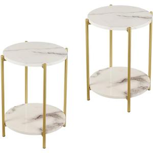 2 Tier Round Side Table, Folding End Tables Coffee Table Simplistic Sofa Table Waterproof Removable Tray Table Indoor Outdoor Accent Table for Living Room Bedroom (Faux Marble White, 2pcs)