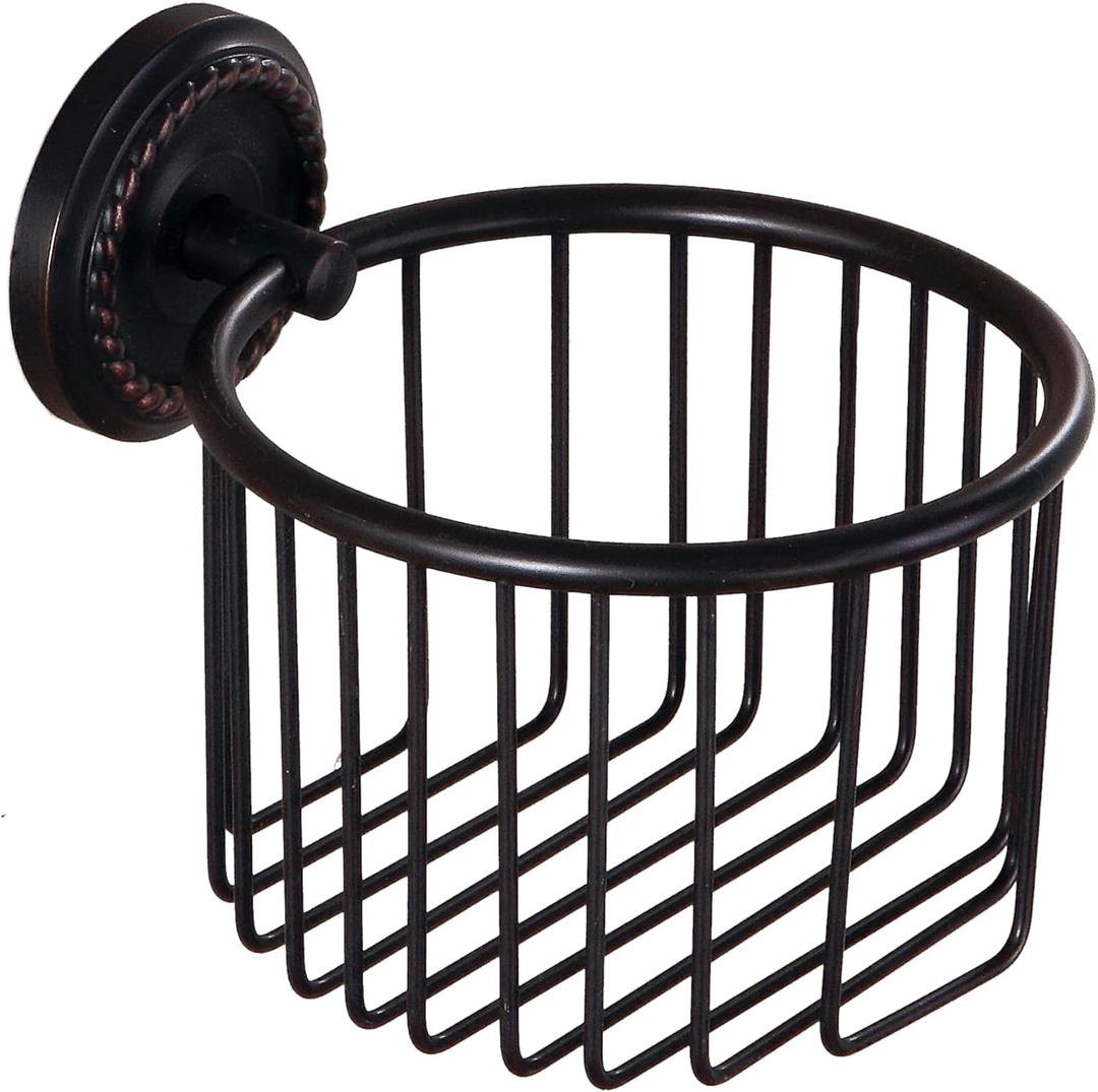 Vintage Wall-Mounted Toilet Paper Holder with Wire Basket Design, Oil-Rubbed Bronze, Wall-Mounted Bath Hand Towel Holder with Braiding Carvings, Vintage Style