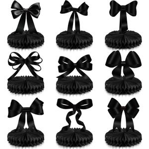 Containlol 9 Pcs Black Bow Birthday Party Decorations Bow Honeycomb Centerpieces Coquette Party Table Decorations Coquette Paper Cutouts Supplies for Bridal Graduation 2026 Bachelorette Decor