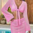 Fisoew Womens Crochet Swimsuit Coverups 2 Piece Bathing Suit Cover Up Long Sleeve Tie Front Crop Top Mini Skirt Sets (Pink)