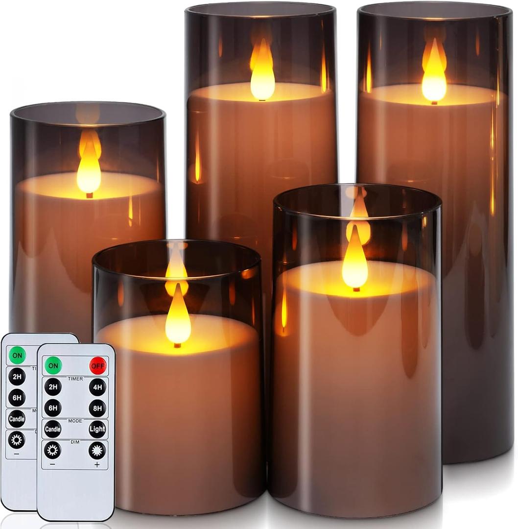 Homemory Gray Flickering Flameless Candles, Battery Operated Acrylic LED Pillar Candles with Remote Control and Timer, Halloween Decor, Set of 5