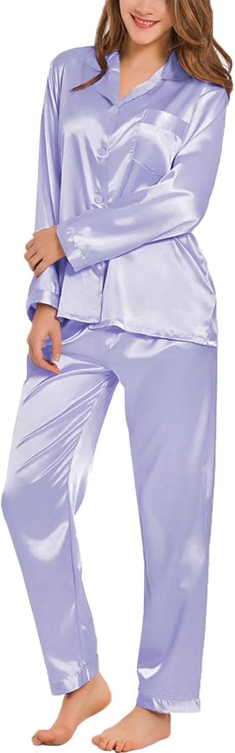SWOMOG Long Sleeve Pajamas Set Silk Satin Sleepwear Button Down Pjs Loungewear with Pocket (Large, Lavender)