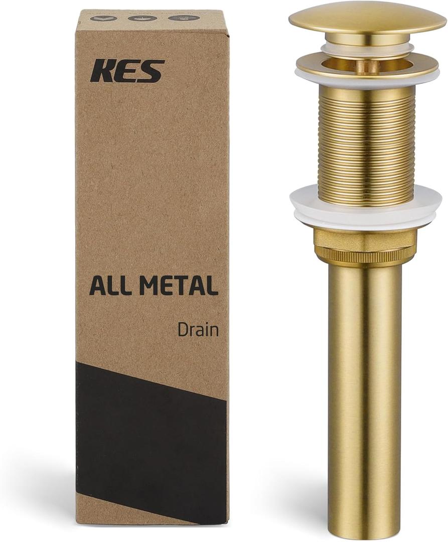 KES Sink Drain Without Overflow Bathroom Pop Up Drain Assembly Stopper Vessel Sink Brushed Gold for 1.6"-1.9" Sink Hole, All Metal Rustproof Brass and 304 Stainless Steel, S2008D-BZ