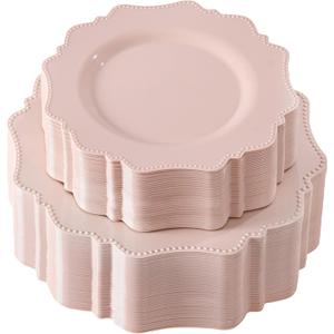 COLOSUS 100 pcs Pink Plastic Plates Set, Nice Disposable Plates,Pink Disposable plates Set for 50 Guest include 50 Dinner Plate 10.5 &50Dessert plates 8.25 for Party,Wedding, Birthday,Mother's Day