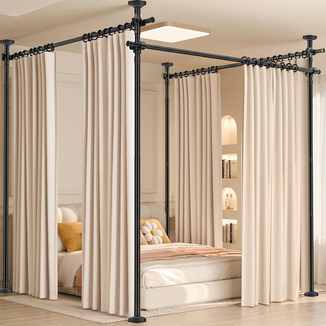 Room Divider No Drilling Curtain Rod Wall Divider for Room Separation, 4-10ft(H) 28-209inch(W) Adjustable Temporary Privacy Wall Divider, Heavy Duty Partition Separator Freestanding Tension, Black