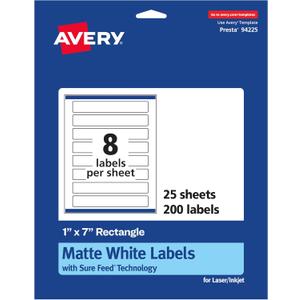 Avery Matte White Rectangle Labels, Sure Feed Technology, 1" x 7", 200 Matte White Printable Labels