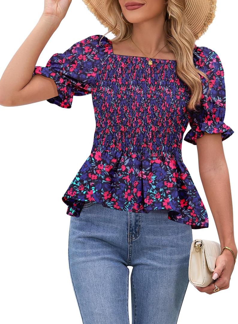 Women's Puff Short Sleeve Babydoll Tops Floral Summer Peplum Blouse Smocked Square Neck Loose Fit Ruffle Dressy Tee Shirts (Large, Blue)