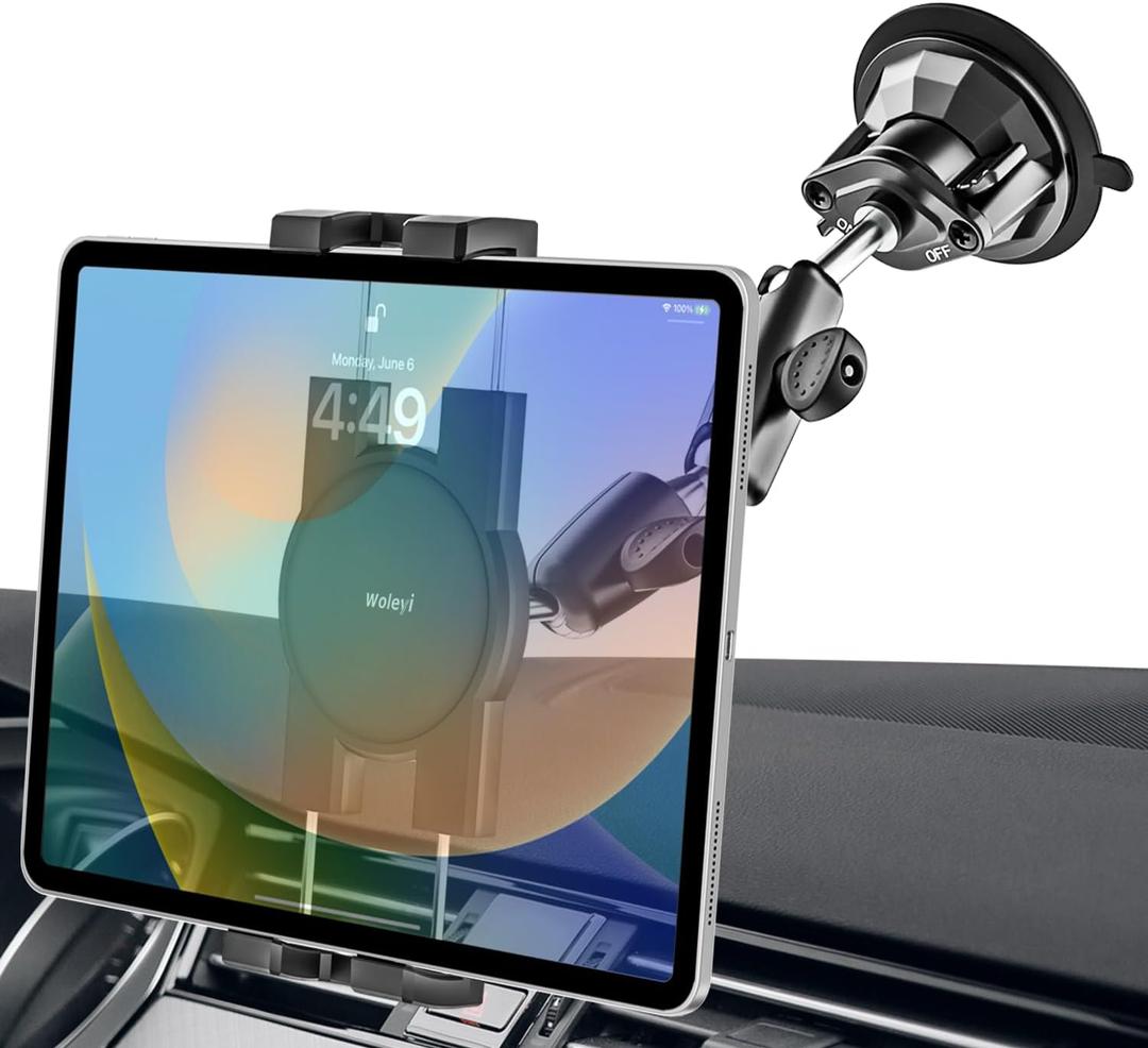 woleyi Metal Tablet Holder for Car Mount - Heavy Duty Tablet & iPad Mount for Truck Dashboard Windshield with Super Suction Cup, for iPad Pro 12.9 Air Mini, Galaxy Tab, Z Fold, iPhone, 4.7-13" devices