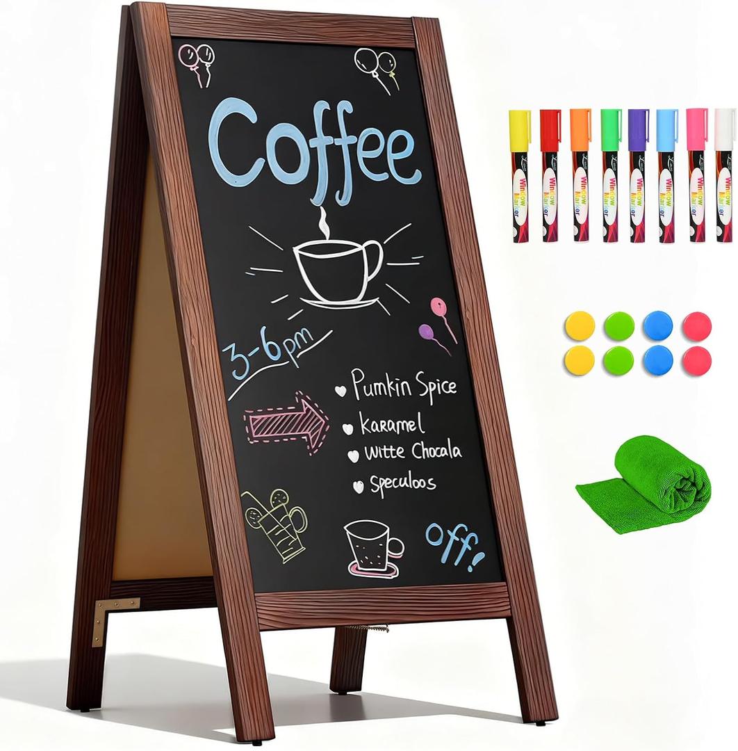 4 THOUGHT A-Frame Double-Sided Magnetic Chalkboard 40"x20", Solid Pine Wood Freestanding Sandwich Board for Cafes, Restaurants, Weddings (Rustic Brown)