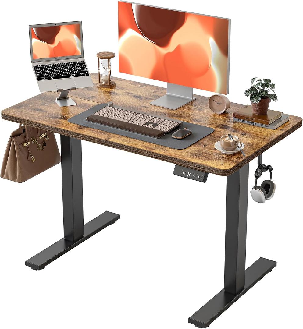TIQLAB Height Adjustable Electric Standing Desk, 40 x 24 inch, Sit Stand Up Desk, Splice Board, Computer Home Office Desk, Rustic Brown Top