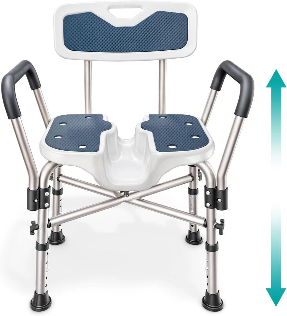 Shower Chair U-Shape Seat (450lb) Heavy Duty - Padded Armrests and Back, Shower Chairs for Elderly and Disabled, Handicap, Shower Chair for Inside Shower, Adjustable Height - Blue