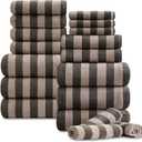 18 Pcs Brown Cabana Stripe Family Towels Set with Hanging Loop-6 Bath Sheets,6 Hand Towels,6 Washcloths Ultra Soft Bathroom Towel Highly Absorbent Quick Dry Shower Towel for Beach Chair,Spa,Gym,Hotel
