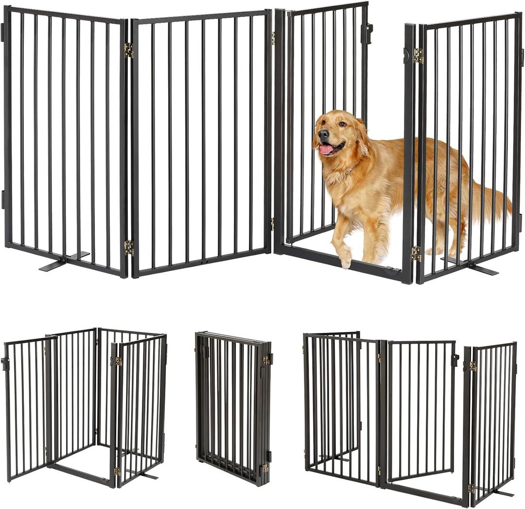 Metal Freestanding Dog Gates with Door for Outdoor Indoor,80'' Extra Wide 32'' Tall Free Standing Dog Gate for Doorways,Large Openings,Deck,Yard,Porch,Foldable Safety Pet Fence(Black,4 Panels)