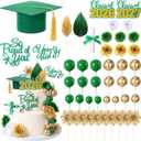 Sureio 48 Pcs Graduation Cake Toppers Class of 2026 Congrats Grad Cake Decor Graduation Cap Diploma Artificial Flower Card Ball Palm Leaves Firework Stick Kit for Theme Party Supplies (Green, Gold)