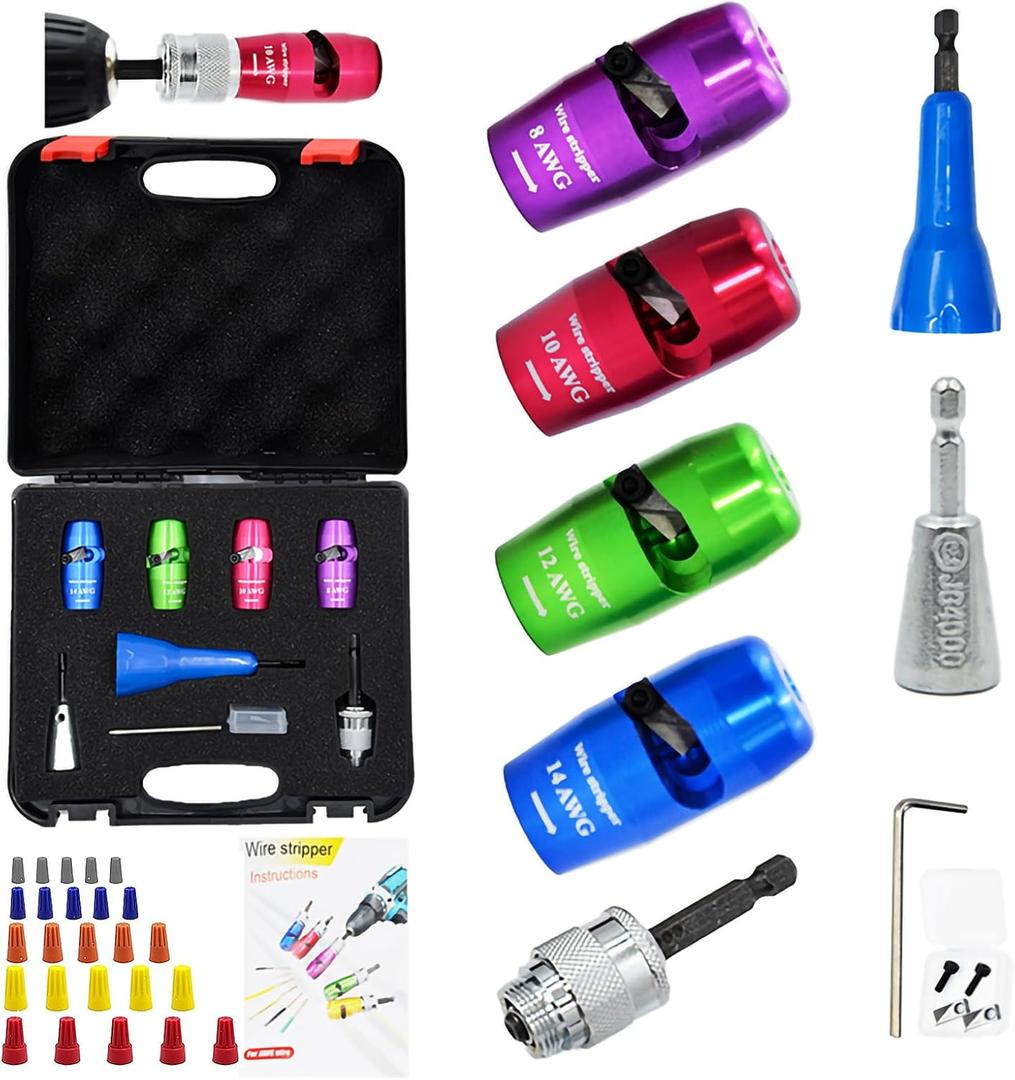 Wire Stripper for Drill, 8/10/12/14 AWG Wire Twister Electrician Tool for Drill, 7 In 1 Professional Drill Wire Strippers Electrical Tools for Electrician, Fast Wire Nut Twister Tool Set