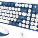 Wireless Keyboard and Mouse,Cute Retro Typewriter Computer Keyboard and Mouse Sets,Full SIze 2.4G Cordless Colorful Round Keycaps Keyboard with Silent Mouse for PC Window Laptop Home OfficeWhite Blue