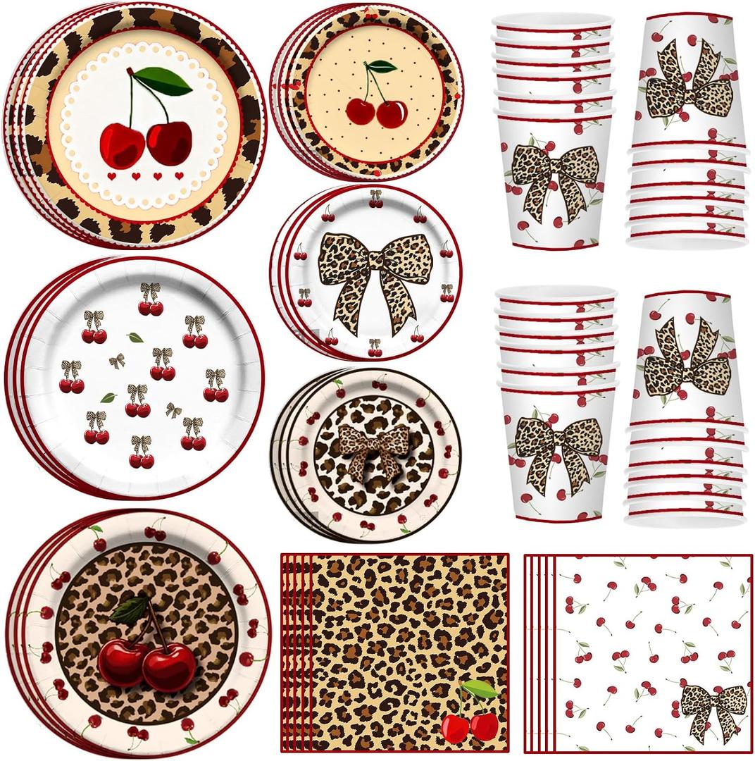 120PCS Cheetah Print Birthday Decorations Plates, Leopard Print Party Paper Plates Napkins and Cups, Leopard Cherry Theme Disposable Dinner Plate Tableware, Animal Print Plates Party Supplies Serve 30