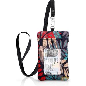 XEYOU Small Womens Wallet with ID Window Minimalist Badge Holder with Side Zip Pocket, Multiple Card Slots with Neck Lanyard for Office Staffs, Teachers/Students, Couriers, Workers (Red Maple Leaves)