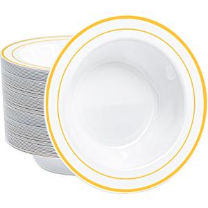 100 PCS Plastic Bowls with Gold Rim, 12oz Premium Heavy Duty Soup Bowls, Dessert and Salad Bowls for Party, Wedding and Holiday