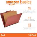 Amazon Basics Classification File Folder, 1 Divider, 2" Embedded Fasteners, Letter Size, 100% Recycled Material, Red, 10 Count