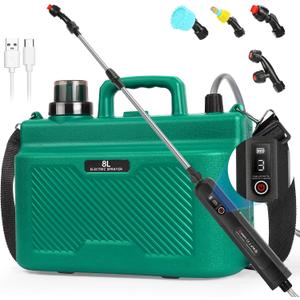 2 Gallon Electric Sprayer, Battery Powered Garden Sprayer with 3 Adjustable Speed, Automatic Water Pump Weed Yard Lawn Sprayer with 4 Mist Nozzles, USB Rechargeable Handle, Retractable Wand for Plants