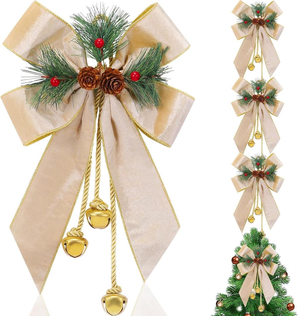 Yinkin Christmas Tree Wreath Bow Christmas Ribbon Bows with Bells 11 x 7.8 in Velvet Pine Cone Bowknot Xmas Tree Hanging Ornaments Decor for Home Xmas Party Outdoor Indoor(Champagne Gold,4 Pcs)