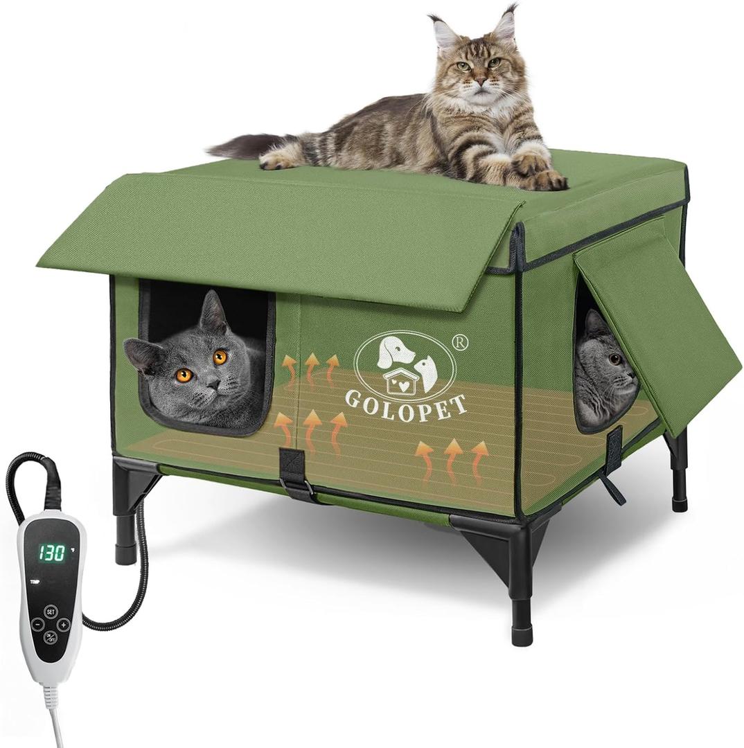 Large Heated Cat House for Outside 21x17x17 in, 100% Waterproof Elevated Base, Insulated Outdoor Cat Shelter with Heater for Feral Barn Cat, Safe Two-Way Escape Door (Green)