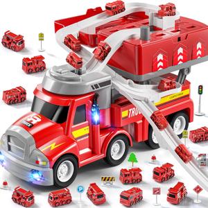 JUKUDAHU 2 in 1 Fire Trucks for Toddlers 3-5, Carrier Vehicles Toy with 8 Cars, Transport Race Tracks with Light and Sound, Educational Birthday Gifts for Kids Boys Girls Ages 3 4 5 6
