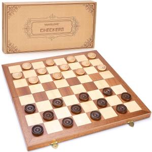 VAMSLOVE 14inch Checkers Folding Wooden Game Set, 8x8 Classic Checkerboard International Checkers Draughts Board 64 Square with Pieces Storage Slots (Instructions Included)