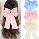 SAWINDA 3PCS Hair Bow Clips Pink Hair Ribbons Luster Chiffon Bowknot Hair Clips Hair Ribbon Ponytail Cute Aesthetic Hair Accessories Metal Clips Barrettes for Women and Girls