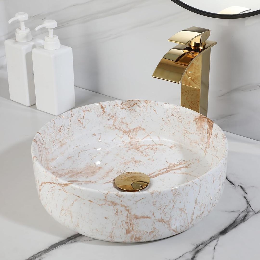 White Marbling Bathroom Vessel Sink with Waterfall Faucet and Pop-Up Drain Combo,14 Inch Ceramic Vessel Sink Above Counter Round Bathroom Sink Bowl,Small Sink for Bathroom