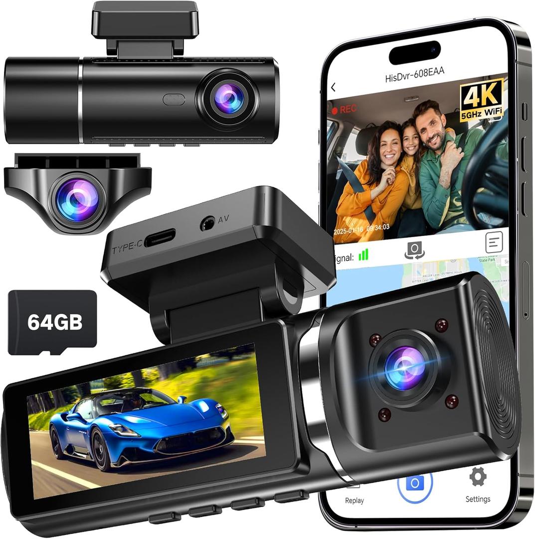 4K Dash Cam Front and Rear Inside with 64GB Card, 3 Channel Dash Camera for Cars, 1080P Triple Dash Cam Built-in GPS, 5GHz WiFi, Night Vision, Parking Mode