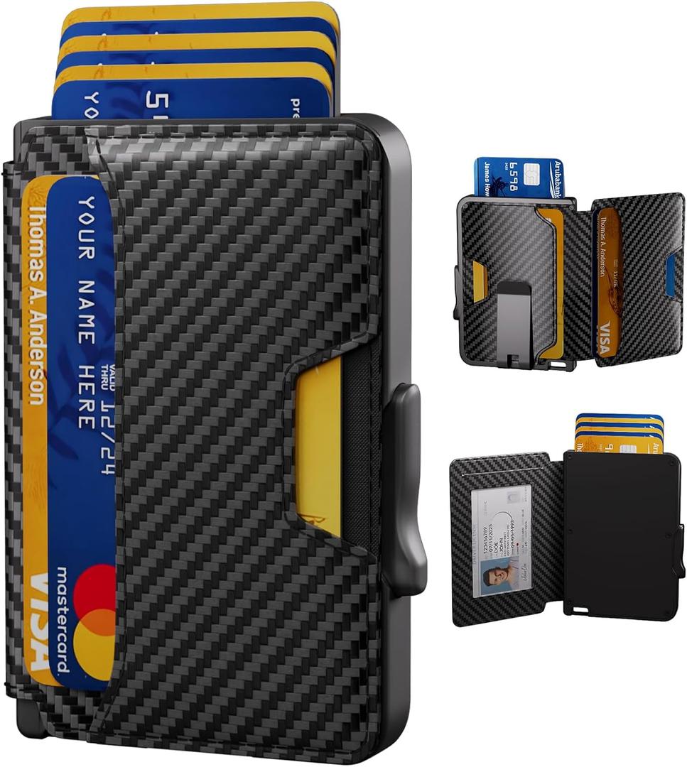 Wallet for Men, Mens Wallet Minimalist Slim Wallet, RFID Blocking Smart Pop Up Wallet with Money Clip & ID Window, Metal Compact Wallet, Aluminum Credit Card Holder Wallet (Carbon Fiber)