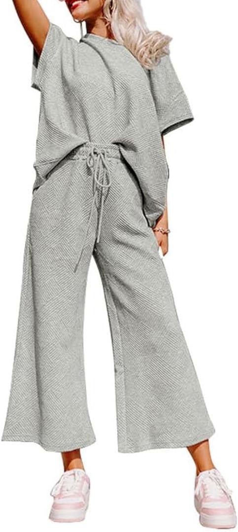 SHEWIN Women's Two 2 Piece Outfits Sweatsuit Lounge Sets for Women Short Sleeve Pullover Tops Casual Loose Pants Comfy Pajamas Tracksuit Set Fall Clothes for Women 2025 Grey S