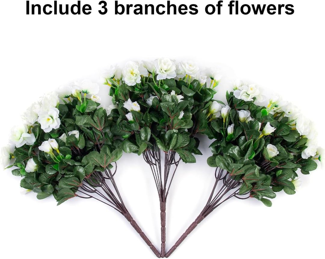 HyeFlora Artificial Fake White Flowers Plants for Outdoor Outside Winter Christmas Decoration, Faux Silk Camellia UV Resistant Realistic for Front Door Porch Planter Pot Patio Balcony, 3 Bundles