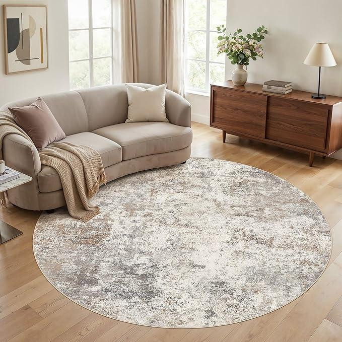 UERMEI 8ft Round Area Rug Living Room Rugs  8x8 Washable Neutral Modern Abstract Soft Thin Rug Indoor Floor No Slip Rug Carpet for Bedroom Under Dining Table Home Office Decor  Grey