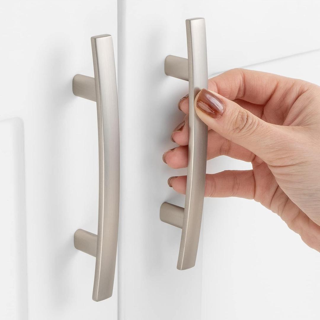 10 Pack 3 Inch Hole Centers, Curved Brushed Nickel Cabinet Pulls Satin Nickel Cabinet Handles Silver Kitchen Hardware for Cabinets ZP2204 Drawers Bedroom Dresser Bathroom Vanity Cupboard Closet