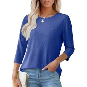 OFEEFAN 3/4 Length Sleeve Womens Tops Dressy Casual Round Neck Loose Fit Casual Eyelet Shirts Size L