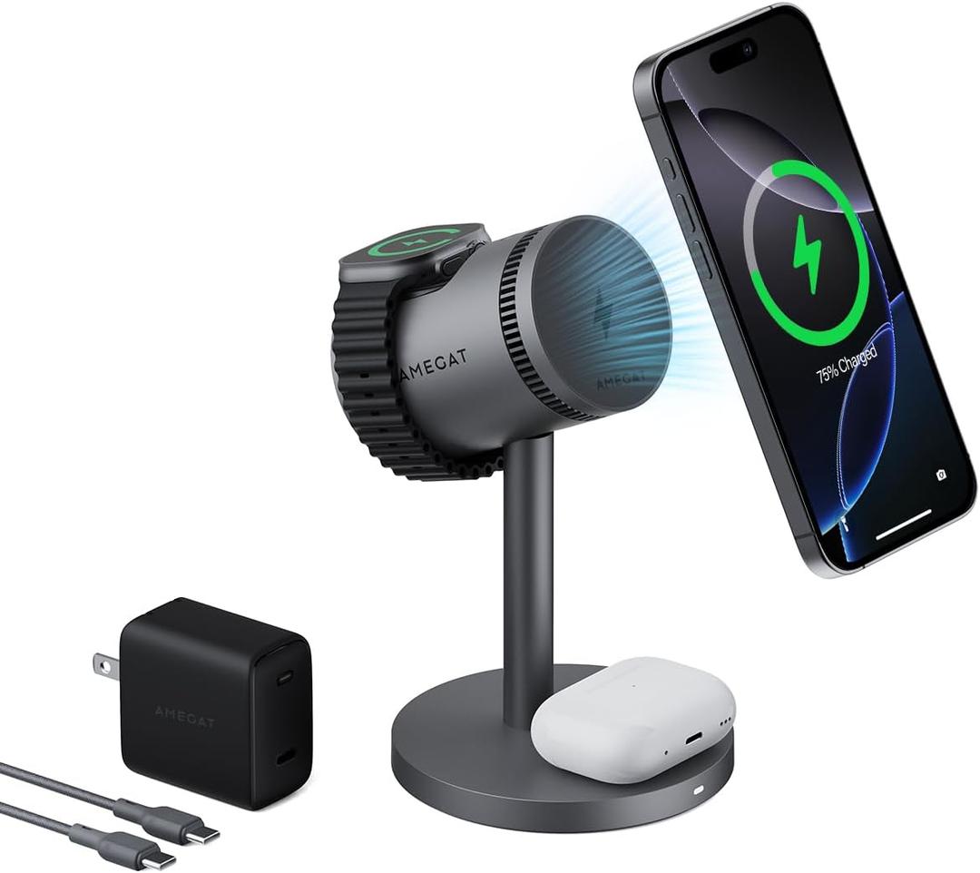AMEGAT 3 in 1 Charging Station Compatible with MagSafe, Cooling Wireless Charger 15W Qi2 Certified for iPhone 17/16/15/14/13/12, Samsung S25, Apple Watch, AirPods (45W PD Charger Included)
